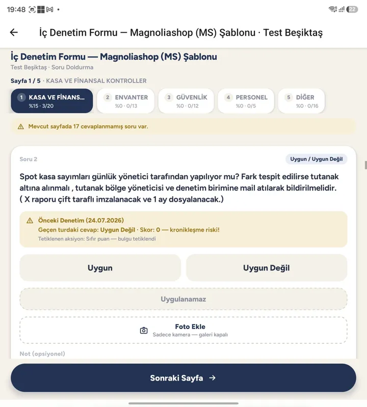 Denetim sorusu cevaplama ekranı